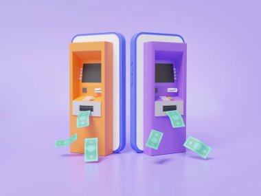 Çizgi film minimum para transfer sistemi online konsepti. Uygulama işletim ağına giden banknot. İnternet bankacılığı. İki akıllı telefon, kopyalama alanı. 3d resimleme