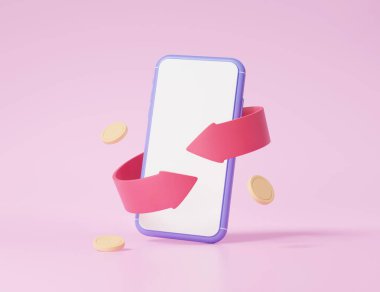 Çevrimiçi ödemeler cep telefonunda yüzen paralar internet bankacılığı tanıtım alışverişi yoluyla ödemeli para iadesi. Nakit ok aktarım konsepti. Minimum çizgi film. 3d resimleme