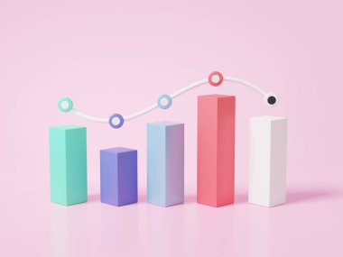 Finans sektörü ekonomi konsepti. Büyüme istatistikleri pembe arka planda, borsa borsasında yatırım alışverişinde, analitikte, fiyat hareketlerinde, minimal karikatürde daha yüksek grafikler çiziyor. 3d resimleme