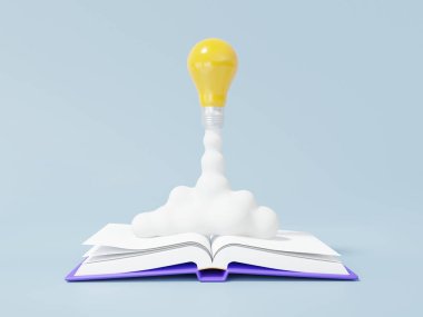 Açık sarı ampul uzay gemisi yumuşak mavi gökyüzü arka planına duman püskürtüyor. yenilik yaratıcı fikir, icat, eğitim öğrenme konsepti. Minimum çizgi film. 3d resimleme