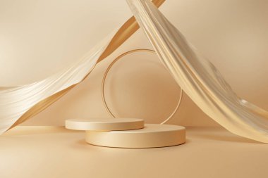 3 boyutlu pervane kumaş, geometrik şekilli altın rengi podyum ürün arka planı, iki katlı kaide, platform kozmetik sunumu, tanıtım, vitrin, oda stüdyosu. 3d hazırlayıcı