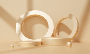 Sahne altın podyumu geometrik şekilli, kaidesi iki katta boş, daire şeklindeki duvar şekli, ürün arkaplan sunumu için gradyan lüks platform kompozisyonu. 3 Boyutlu resimleme