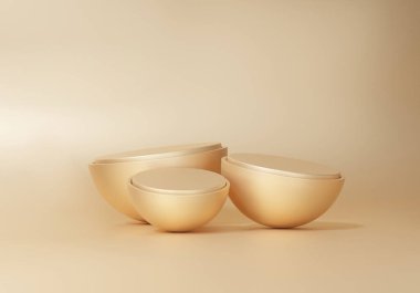 Altın zemin üzerine sunum, üç adet altın podyum geometrik şekiller daire şeklinde, kopya alanı, vitrin minimumu, ayakta duruş lüksü. 3d resimleme