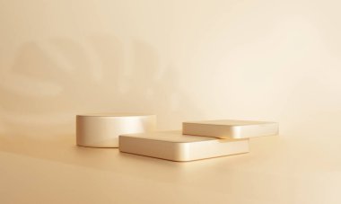 Geometrik şekilli 3D resimli altın arkaplan, podyum ürün sunumu, tanıtımı, tanıtımı, parfümü, satışı, 3d sunumu için kaide ışığı platforma parlıyor