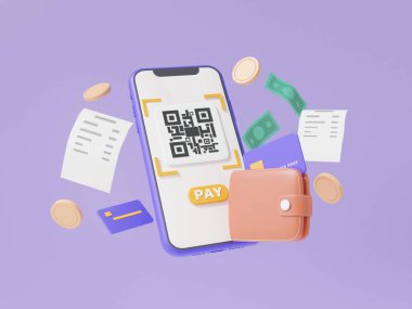 3D görüntüleme QR kodu cep telefonuyla taranıyor ve banknot para mor arka planda yüzüyor. Para ödemek ya da online ödeme, özel alışveriş konsepti. dijital aktarım finansal, cüzdan aktarımı.