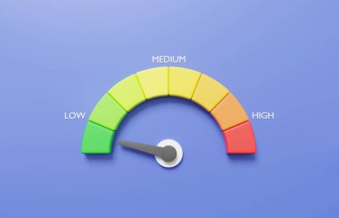 Minimal cartoon arrow point scale speed low status green speedometer icon Performance, pointer rating risk levels, meter, tachometer on purple background. 3d render illustration clipart