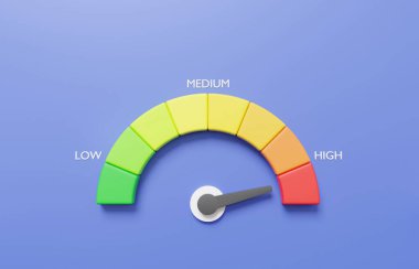 Ok noktası ölçeği hızı yüksek statü kırmızı hız göstergesi performansı, nokta derecelendirme risk seviyeleri, metre, mor arkaplanda takometre. Minimum çizgi film. 3d resimleme