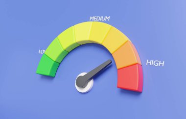 Hız göstergesi simgesi bilgisi, ok noktası hız ölçeği yüksek statü kırmızı, performans, puanlama risk seviyeleri, metre, mor arkaplanda takometre. 3d resimleme