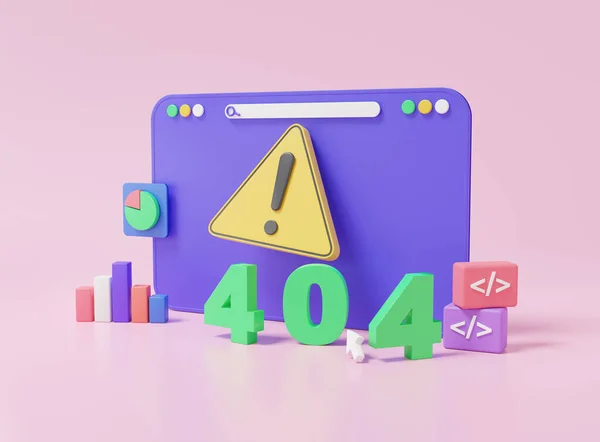 3D web browser, 404 error page not found, System maintenance updates concept. triangle warning alert, coding program software development, minimal cartoon, isometric. 3d render illustration