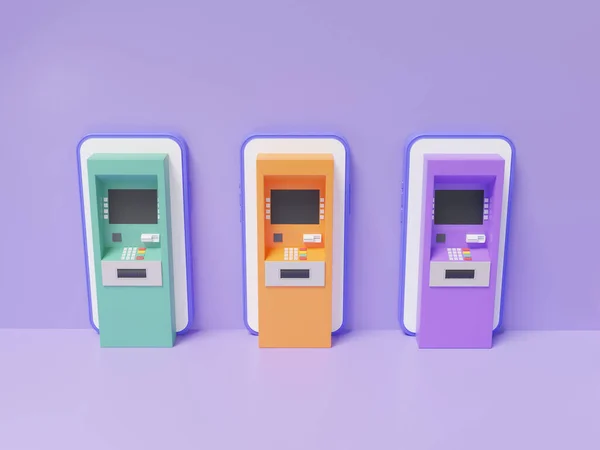 3D isometric network application Internet banking three ATM automatic deposit machine green, orange, purple on mobile phone money transfer. financial online transaction. 3d render illustration