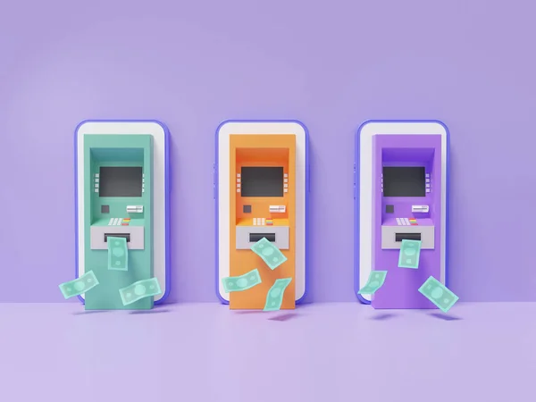 Drei Geldautomaten Den Farben Grün Orange Lila Auf Einer Banknote — Stockfoto