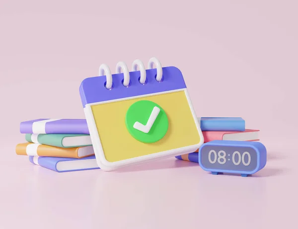 Calendar marked approved alarm eight clock on stack book Day month year, education, learning concept. on pink background, schedule, 3d render illustration. Minimal cartoon cute smooth