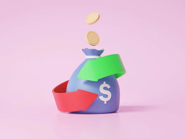 3D bag coins cashback arrow transaction concept. financial economics analytics calculate cost management, money refund, data tax business on pink background. 3d render illustration