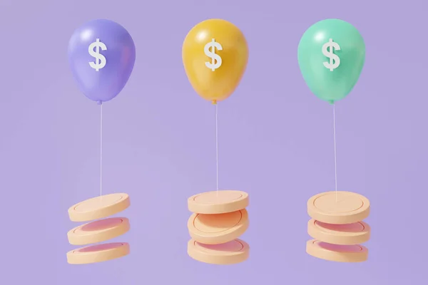 Trzy Fioletowy Pomarańczowy Zielony Balon Latający Monety Dolara Koncepcji Inflacji — Zdjęcie stockowe