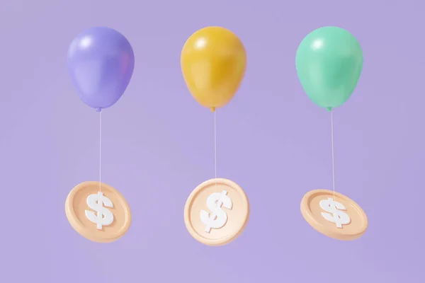 Minimaler Wechselkurs Drei Lila Orangefarbene Luftballons Fliegen Mit Dem Inflationskonzept — Stockfoto