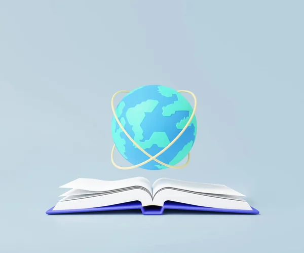 Network internet worldwide and open book on sky blue background science knowledge, Minimal cartoon cute smooth, copy space, invention learning, banner. 3d render illustration