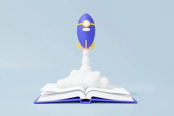Minimal cartoon open book spaceship spewing smoke on soft blue sky background. innovation creative idea, invention, education learning concept. copy space. 3d render illustration