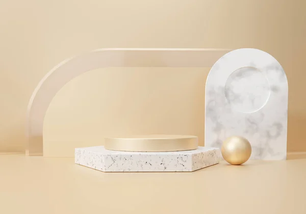 stock image Gold display scene 3D background with geometric shapes circle, Terrazzo marble pedestal on two floors curved wall stand platform for product presentation, luxury cosmetics, showcase, 3d illustration