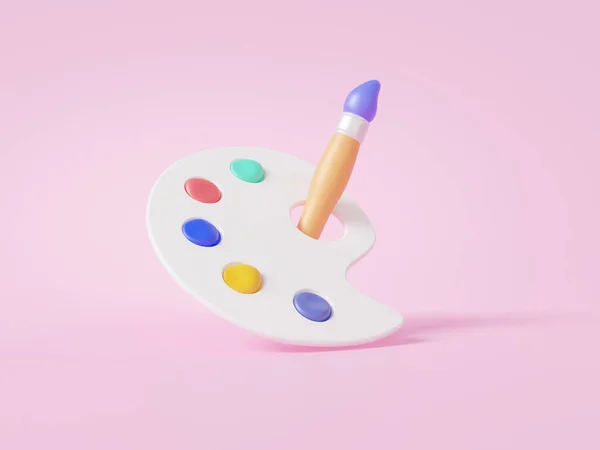 Palett Med Pensel Flytande Rosa Bakgrund Färgglada Kreativa Konstverk Målning — Stockfoto