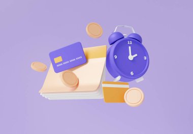 Mor pastel arka plan aktarım konsepti üzerinde alarm saati yüzen hesap kitap bankası. Vergi ödemeleri, tasarruf parası, depozito, asgari çizgi film tarzı. 3d resimleme