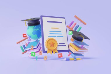 Mezuniyet sertifikası konseptini pastel arka plan kalitesi kursları üzerinde yüzen mezuniyet şapkası ve kitabı ile hazırlamak. Sınav eğitimi bilgi güvencesi belgesi güvencesi.