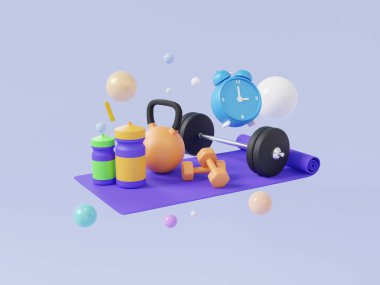 Pastel arka planda yüzen fitness egzersiz aracı spor ve çalar saati ayarla. Dambılı ekipman, yoga minderi, maden suyu, sağlık hizmeti, sağlıklı konsept. Minimum çizgi film. 3d resimleme