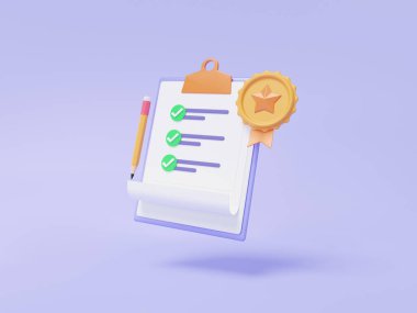 Pano kağıdında asgari karikatür şirin kontrol listesi simgesi. Kaliteli müşteri bilgi işi belgesi garantisi. Pastel arka planda yüzen doğru işaret. 3d resimleme