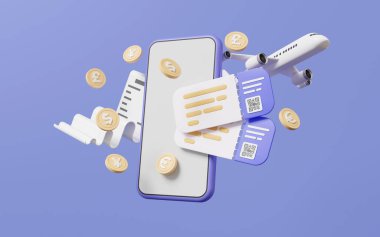 Fatura ödeme uçak biletini cep telefonuyla rezervasyonu ve tatil tatili konsepti için bilet kartı. Seyahat uçağı planlama dünya turu. 3d oluşturma