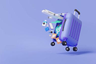 3 boyutlu karikatür uçak seyahati turizmi dünya turu planlama bavulu, bavul ve harita, tatil turu yaz konsepti, afiş, kopyalama alanı