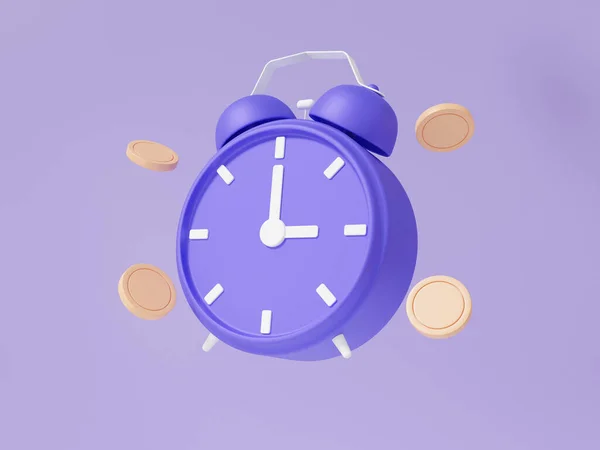 紫の時計のアイコンアナログは バックパステルの背景に孤立し 金融ビジネスの概念に浮かんでコインと3時のポインタを伝える 最小限の漫画かわいい滑らかな創造的な 3Dレンダリング イラスト — ストック写真