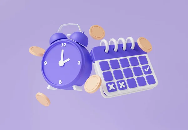Alarm clock and Calendar symbol with coins floating on purple background. finance business management, Clock minimal cartoon style design. Day month year time concept. 3d render illustration