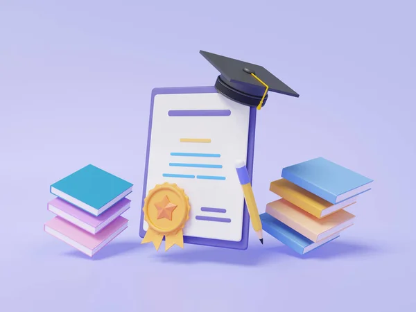 卒業キャップと本がパステルの背景に浮かんで卒業証明書の品質コース試験教育情報保証知識文書保証とディプロマの概念 3Dレンダリング — ストック写真