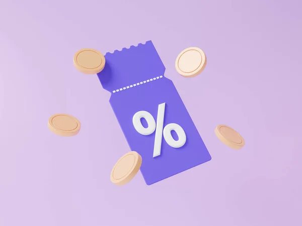 Aktionsverkauf Prozentsatz Rabattcoupons Und Münzen Schwimmend Auf Lila Hintergrund Marketing — Stockfoto