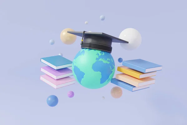 Capa Graduação Globo Flutuando Fundo Pastel Livro Aprendizagem Conceito Educação — Fotografia de Stock