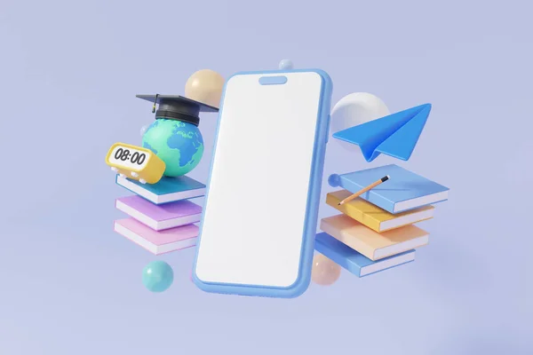 3D smartphone with touch white screen with graduation cap on globe book learning online education concept. pastel background. banner website application page template, Minimal cartoon. 3d rendering