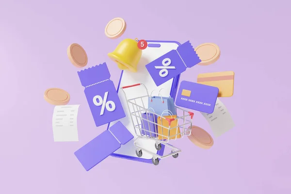 Promotion shopping via online mobile phone, discount coupons concept. floating on purple background money transfer. financial transactions. minimal cartoon, refund, cashback. 3d rendering illustration