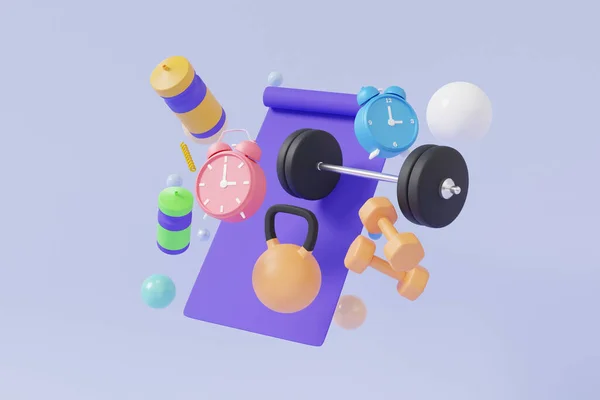 3D icon healthy concept. Set fitness exercise tool sport and alarm clock floating on pastel background. equipment with dumbbell, yoga mat, mineral water, health care, minimal cartoon. 3d rendering