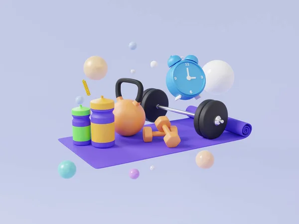 Set fitness exercise tool sport and alarm clock floating on pastel background. equipment with dumbbell, yoga mat, mineral water, health care, healthy concept. Minimal cartoon. 3d render illustration