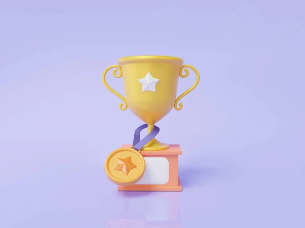 最高の賞のゲーム保証品質 紫色のパステルカラーの背景に星付きトロフィーカップアイコン 漫画最小限のかわいい滑らかな 優勝者コンセプト 3Dレンダリング図 — ストック写真
