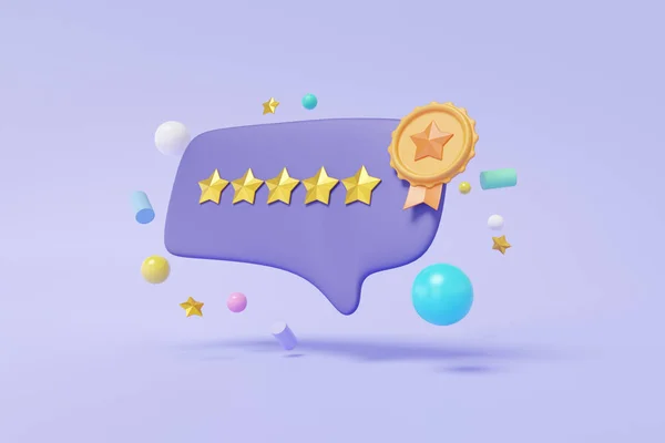 Social media symbol concept. Chat bubble talk with five star score customer rating premium quality guarantee floating on purple pastel background. minimal cartoon, warranty icon. 3d rendering