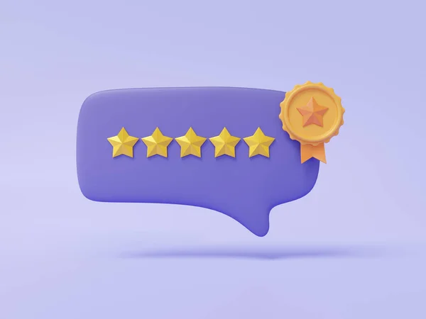 Chat bubble talk with five star score customer rating premium quality guarantee social media symbol concept floating on purple pastel background. minimal cartoon, warranty icon. 3d render illustration