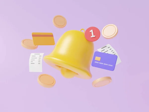 Notification bell bill online payments credit or debit card concept. money transfer. financial transactions. coins floating on purple background minimal cartoon style cute smooth, refund. 3d rendering