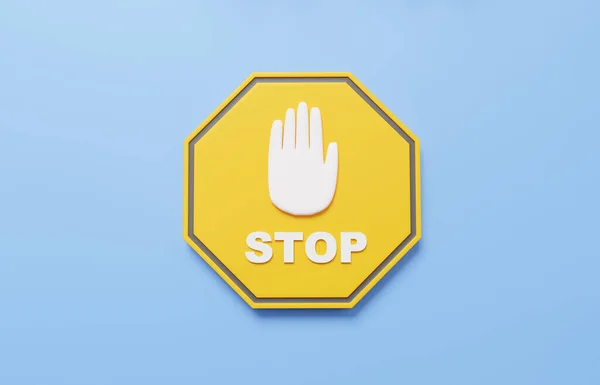 Hand stop with yellow octagon warning symbol icon on isolated blue pastel background. error alert safety concept. careful, attention, advice, help, important, elements. minimal cartoon. 3d rendering