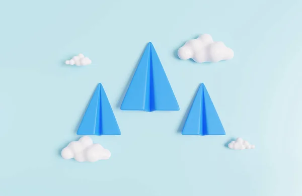 Paper airplane leader red with clouds sky blue background Minimal cartoon style creative vision leadership concept. target growth Growing future startup, innovation education. 3d render illustration