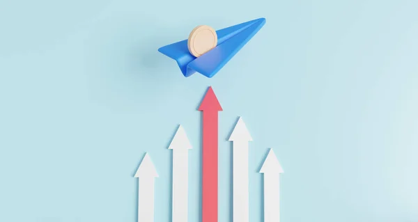 3D growth business statistics finance chart graph analytics Optimization development investment. Blue paper airplane with coin target growth Growing future startup concept. 3d render illustration