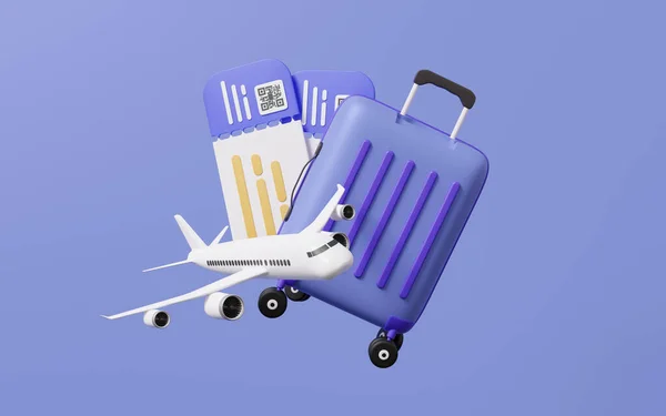 Luggage with coupon airline boarding pass leisure touring holiday summer vacation concept. air ticket floating on purple pastel background. Travel tourism plane trip planning world tour. 3d render