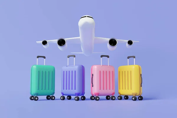 Airplane flight with Green purple pink yellow suitcase travel tourism plane trip planning tour leisure touring holiday summer concept. Minimal cartoon cute smooth. 3d render illustration