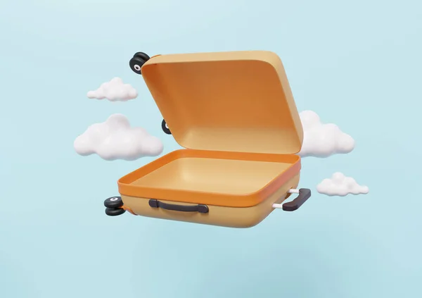 3D open orange suitcase floating on sky blue pastel background Travel tourism plane trip planning world tour, leisure touring holiday summer concept. Minimal cartoon luggage. 3d render illustration