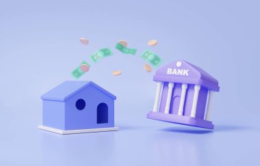 Banka ödemeli emlak, para transferi sistemi, online işlem konsepti. ödeme borcu, internet bankacılığına depozito, vergi, çizgi film asgari, kopya alanı, 3d resimleme 