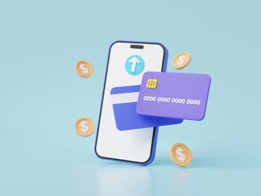 3D cep telefonu çevrimiçi ödemeleri, akıllı telefon uygulaması işletim konseptinde yüzen kredi kartı paraları. Gök mavisi arka planda internet bankacılığı aracılığıyla değişim. 3 boyutlu görüntüleme. çizgi film biçimi